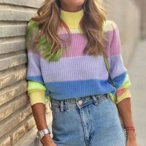 AMAZON Pink Colorful Striped Knit Sweater Size S NWOT